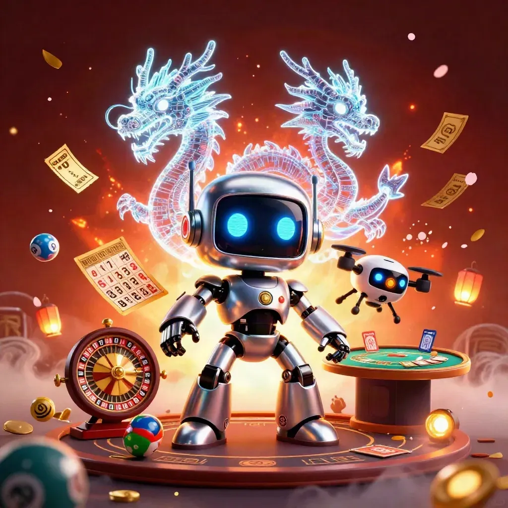 Cyberpunk robot, holographic dragon, and coin drone amid glowing casino reels, cards, and roulette lights.