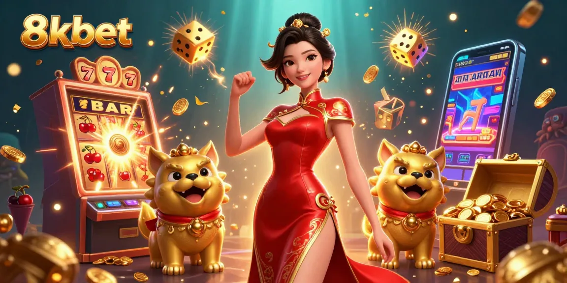 Experience thrilling gaming with 8xbet's vibrant casino scene featuring a glamorous woman and exciting game elements.