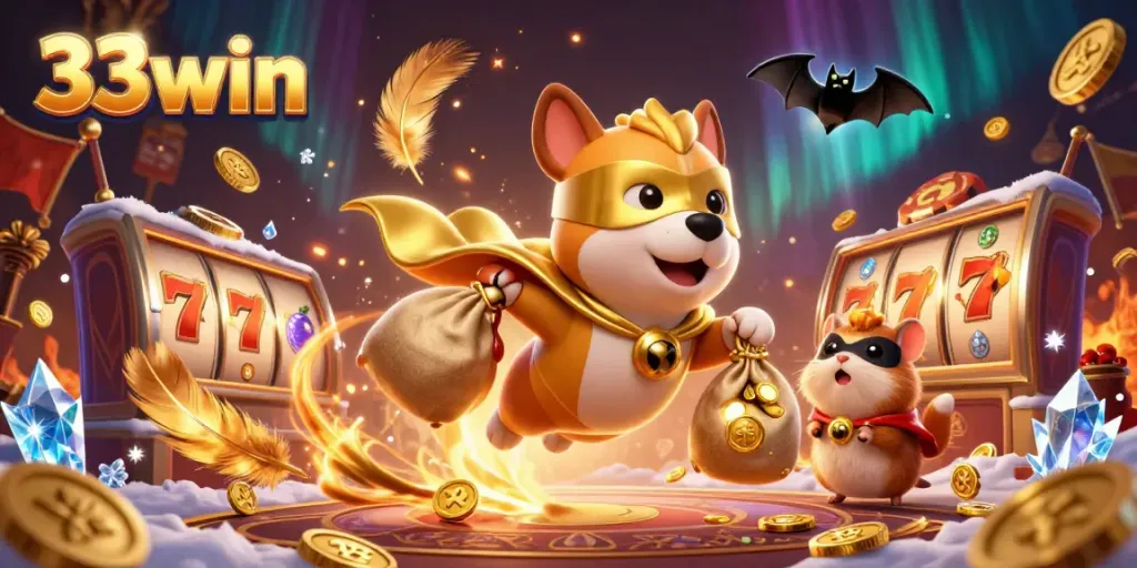 Experience winning at 33win with a superhero dog delivering jackpots, surrounded by vibrant casino elements.
