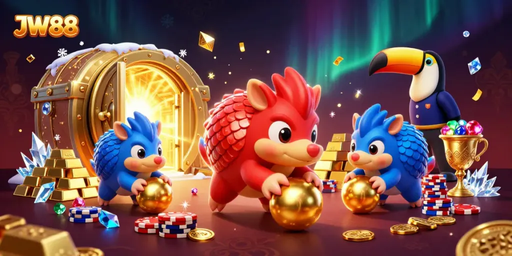 Experience thrilling gameplay with JW88's exciting pangolin mascot duo in a vibrant casino scene.