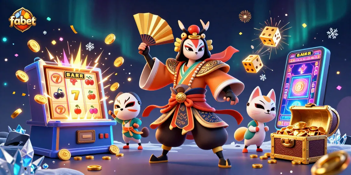 Experience thrilling action with fabet's vibrant 3D casino scene featuring kabuki warriors and jackpot slots.