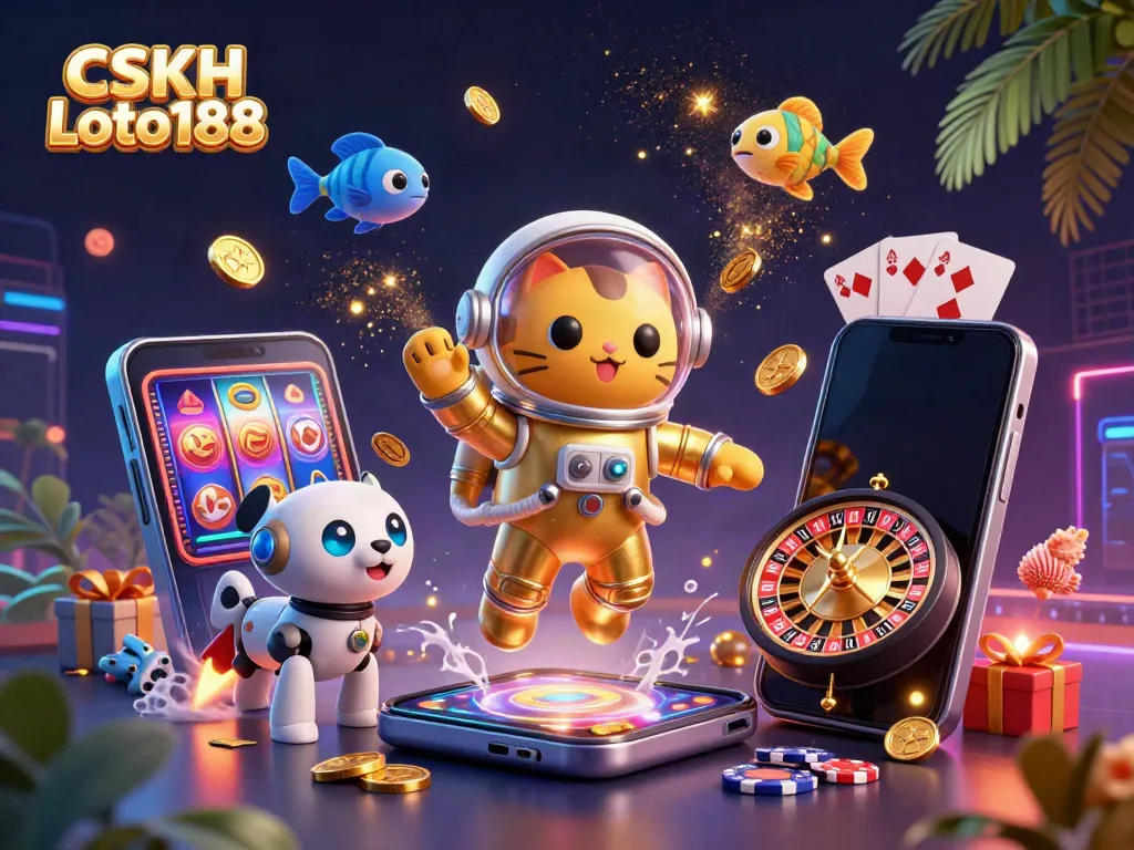 Engage with CSKH Loto188 through dynamic gaming adventures featuring a 3D cartoon astronaut cat, robot dog, and exciting casino elements.