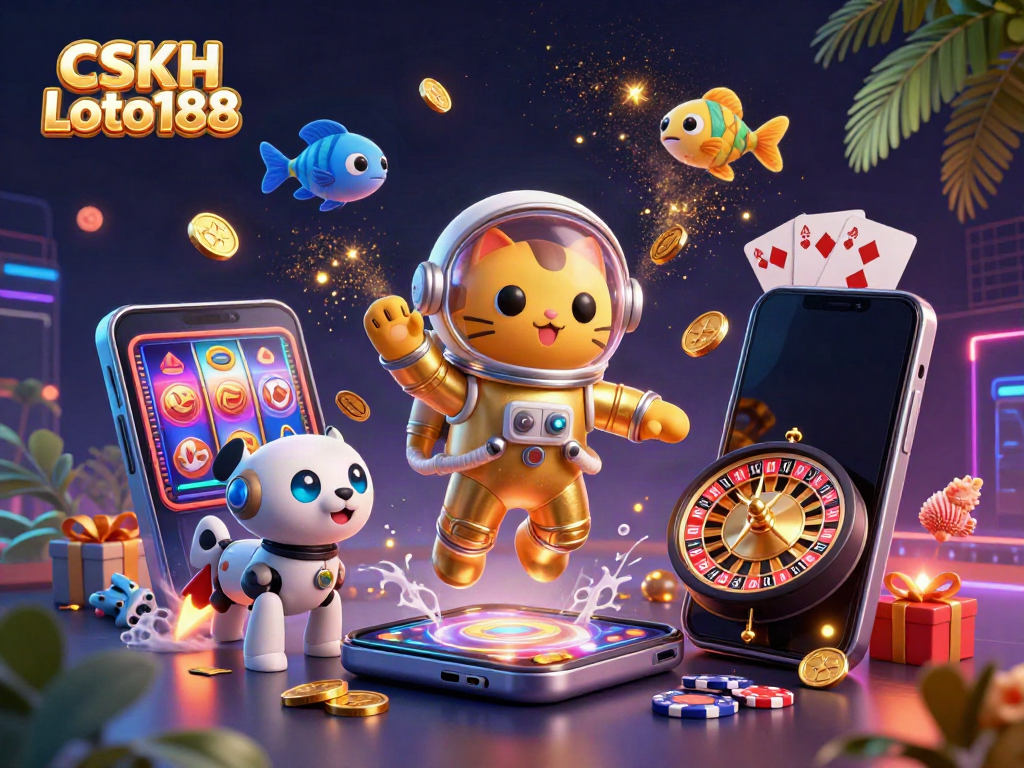 Engage with CSKH Loto188 through dynamic gaming adventures featuring a 3D cartoon astronaut cat, robot dog, and exciting casino elements.