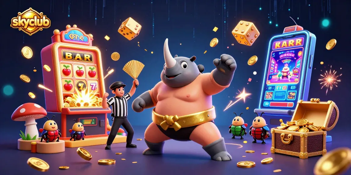 Experience thrilling gameplay at skyclub with vibrant 3D illustrations of a sumo beetle champion and dynamic casino elements.