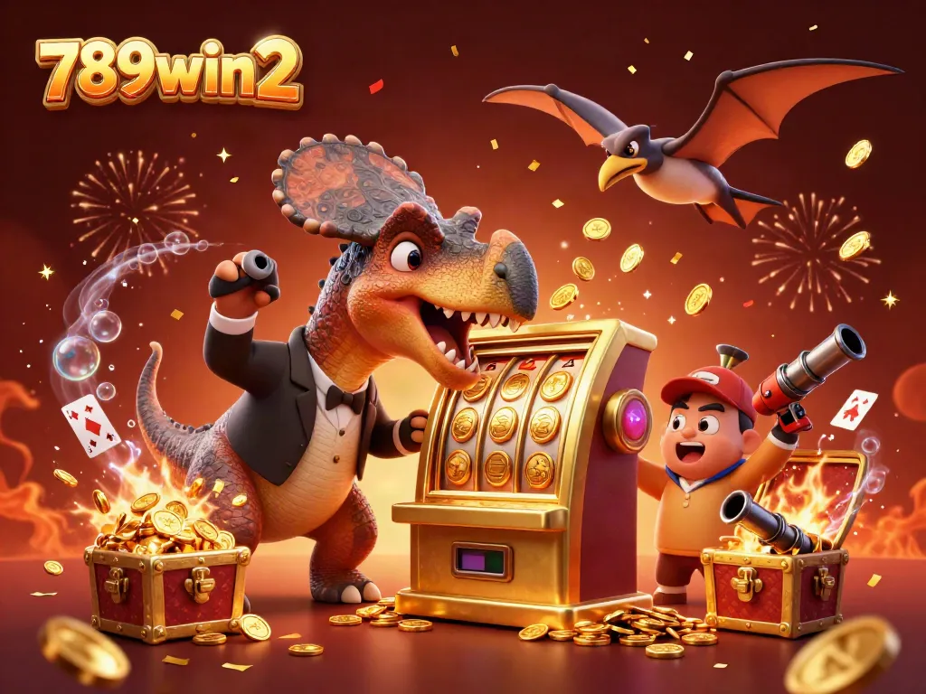 Experience excitement at 789win2 as a pachycephalosaurus celebrates jackpot wins amidst casino chaos.