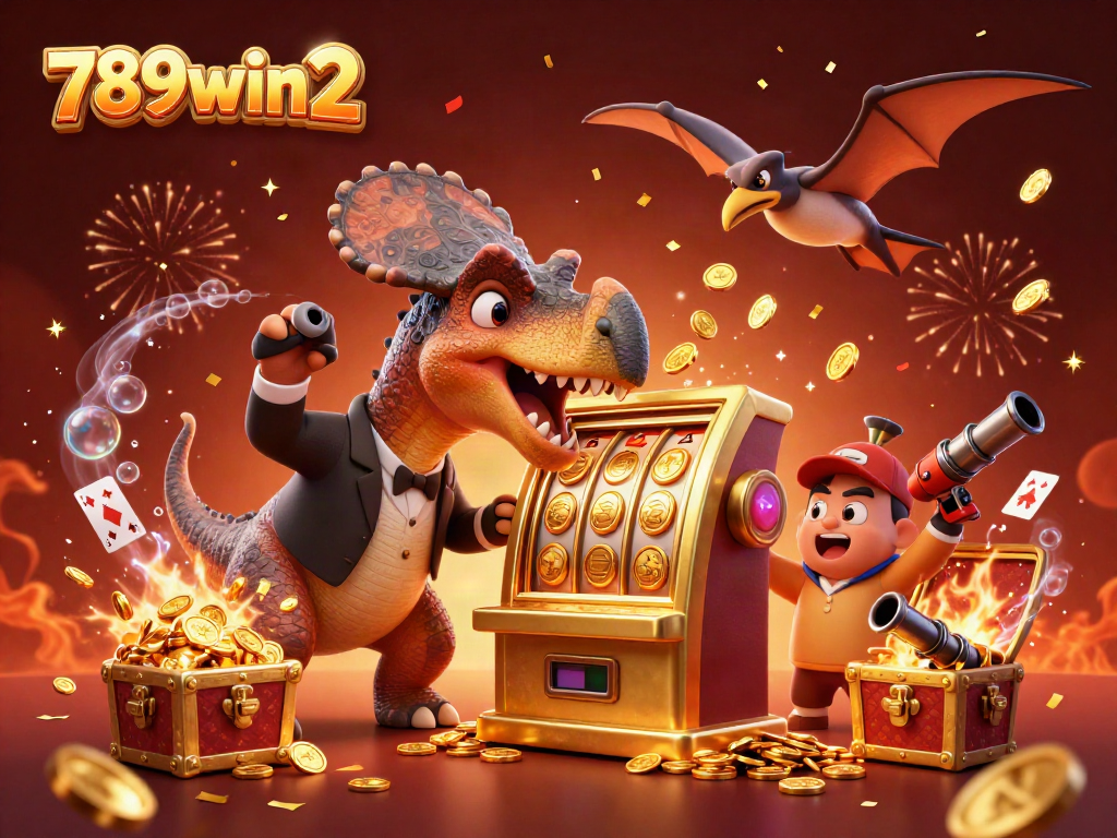 Experience excitement at 789win2 as a pachycephalosaurus celebrates jackpot wins amidst casino chaos.