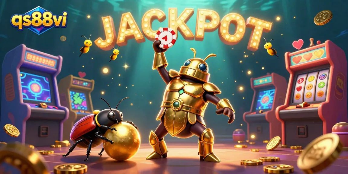 Experience the thrill at qs88vi as a victorious beetle lifts a poker chip surrounded by sparkling casino elements.