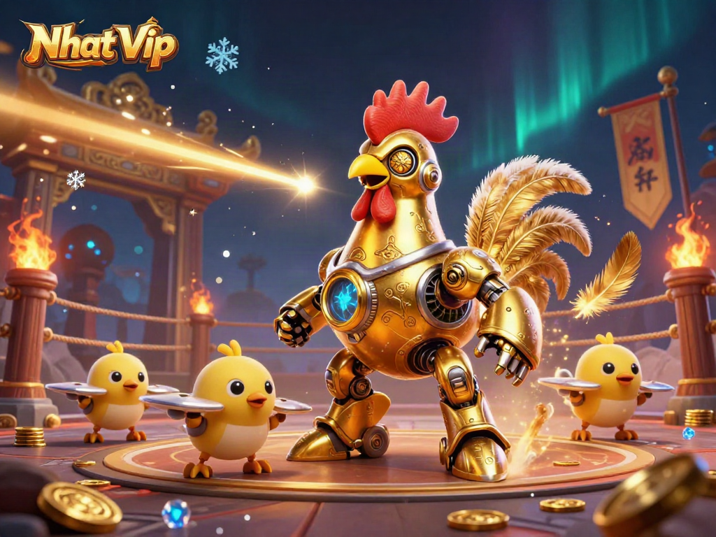 Nhat Vip features a dynamic golden rooster robot amidst swirling gold coins and vibrant casino elements