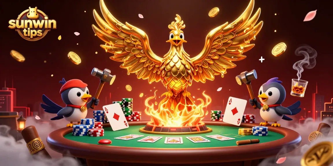 Engage with sunwin tips through a vibrant 3D casino illustration depicting poker elements and a golden phoenix.
