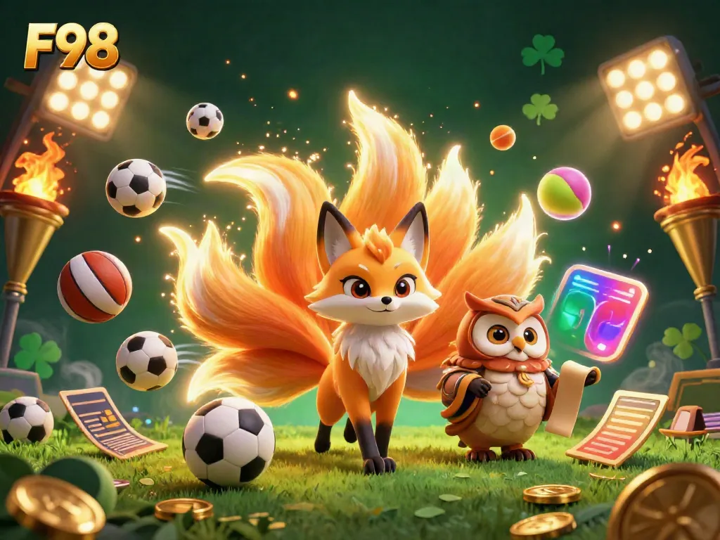 Bet on F98 with vibrant spirits and dynamic sports elements in a colorful casino scene.
