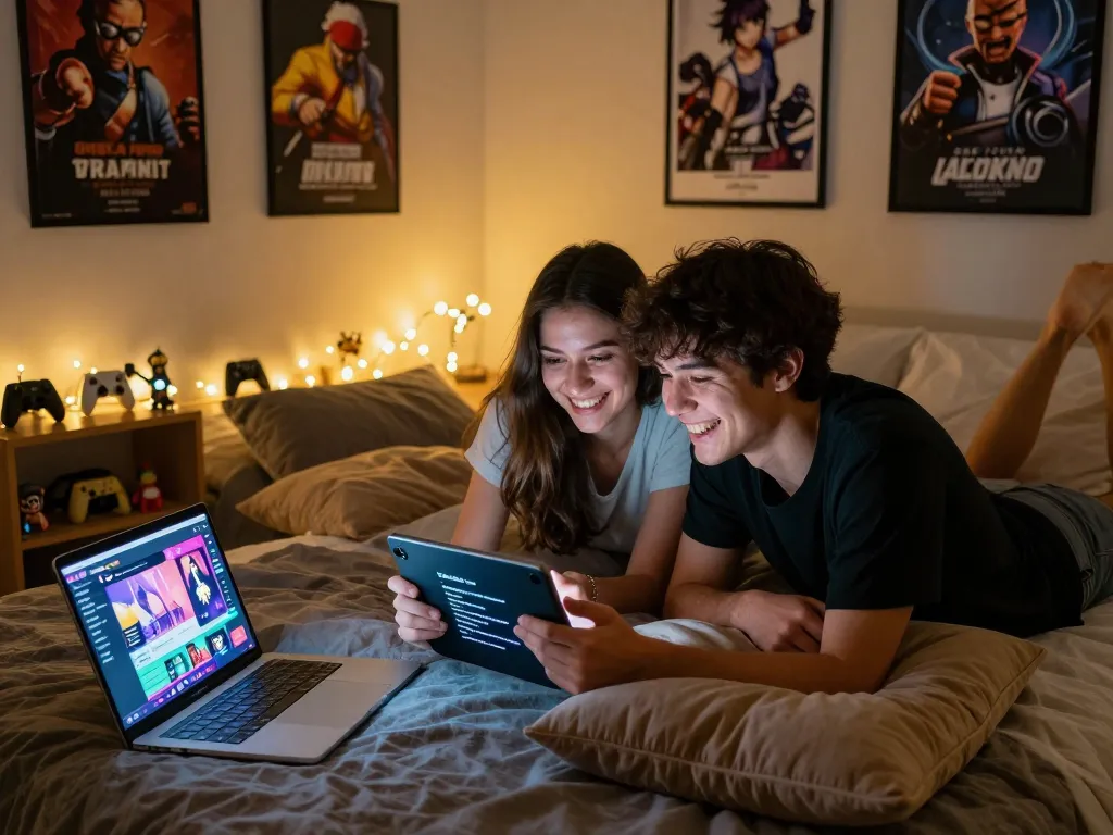 Couple enjoying html porn games on tablet in cozy bedroom