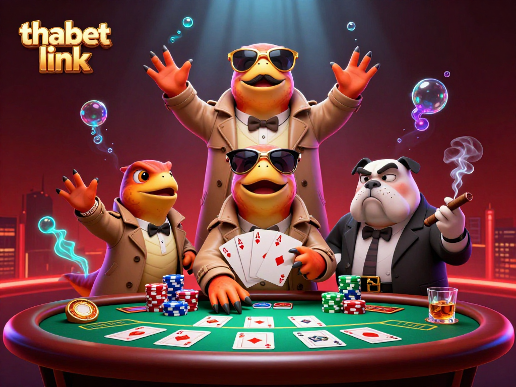 Spinning poker chips and four aces illustrate the excitement of gambling with thabet link featured prominently.