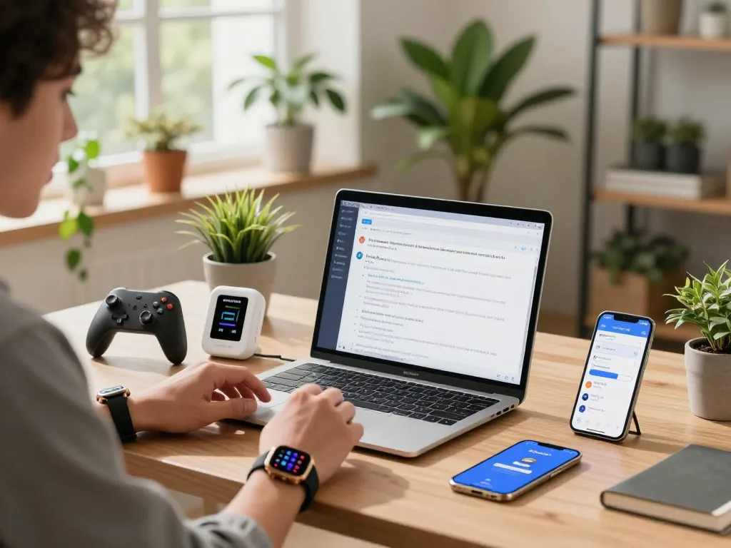 Innovative tech gadgets showcased in a modern workspace with Bluetooth devices.