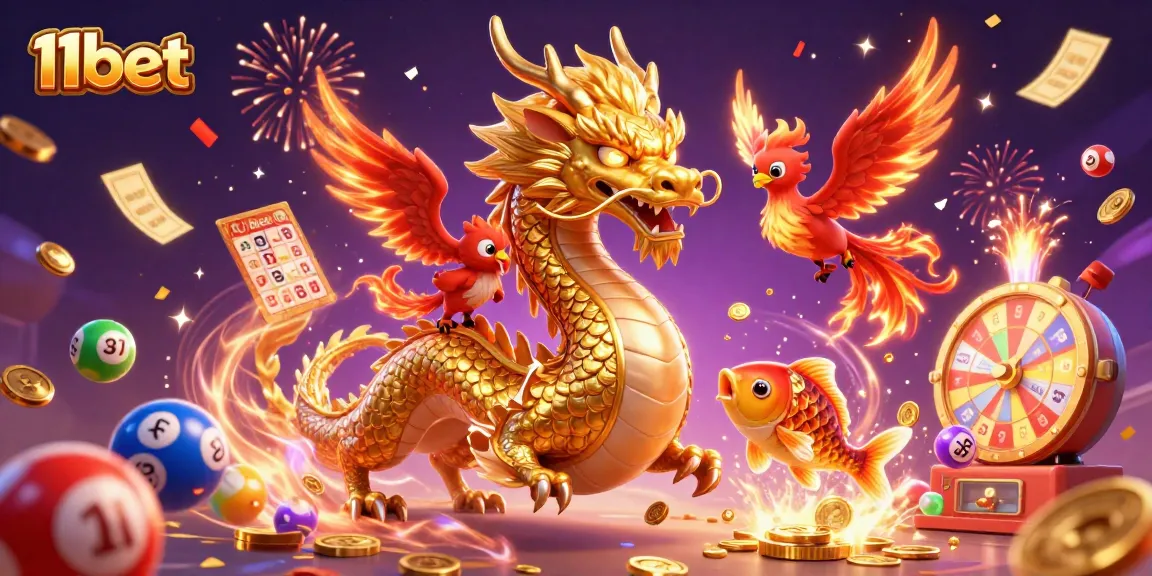 Experience excitement at 11bet with a vibrant illustration featuring dragons, phoenixes, and casino elements.