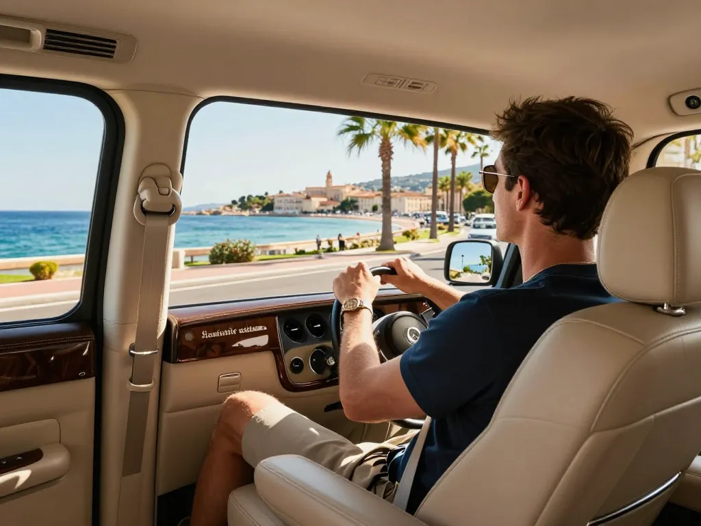 Course en taxi à Saint Tropez avec intérieur luxueux et vues méditerranéennes pittoresques.