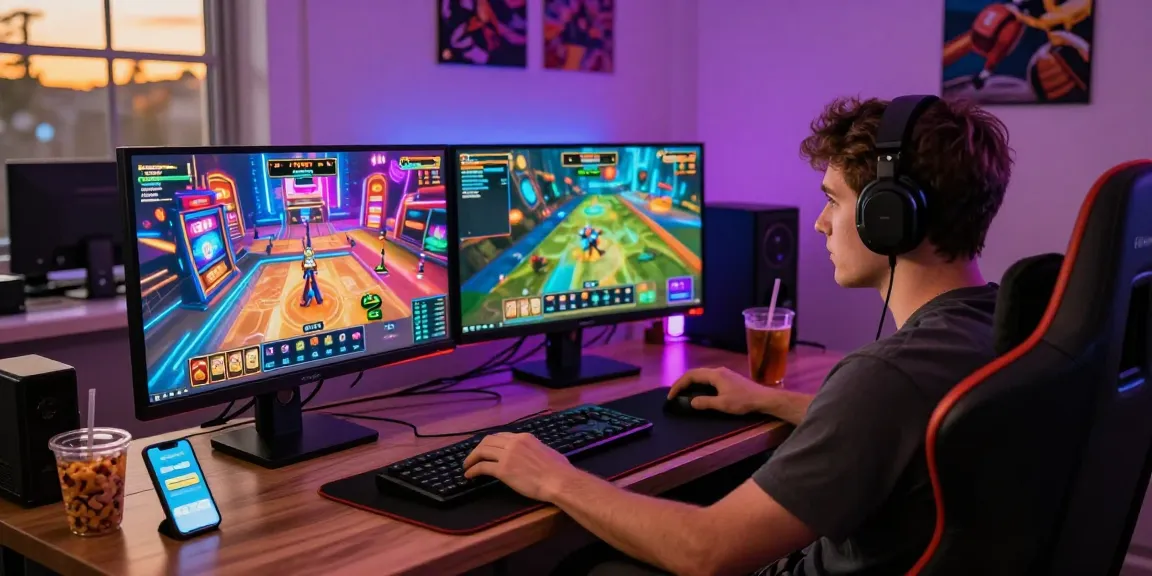Aufregende Paysafe Card Casino Szene mit Gamer, der sichere Zahlungen und lebhaftes Gameplay genießt.