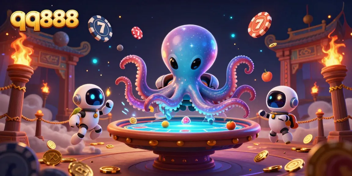 Experience thrilling gameplay with qq888 as a cosmic octopus operates a holographic poker table in an exciting casino atmosphere.