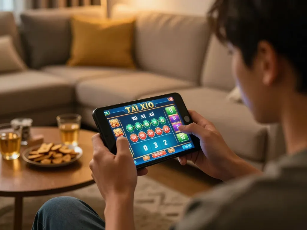 Playing game tài xỉu on mobile with excitement at home, relaxed atmosphere.