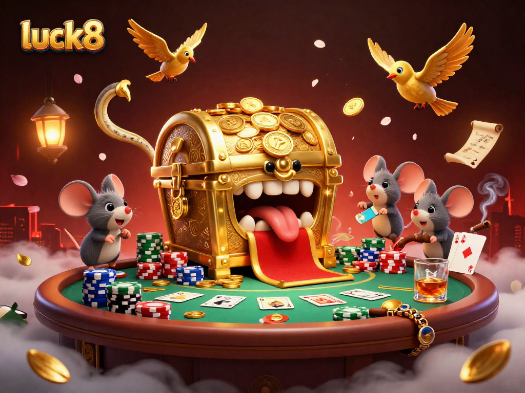 Luck8's vibrant casino adventure features a treasure chest, poker scene, and rich gaming elements for players.