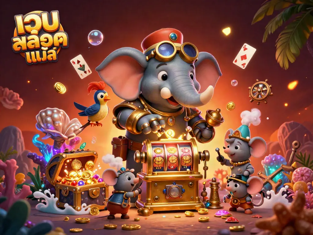 Spin the golden slot machine surrounded by treasure in a vibrant 3D casino scene featuring เว็บสล็อตแท้ elements.