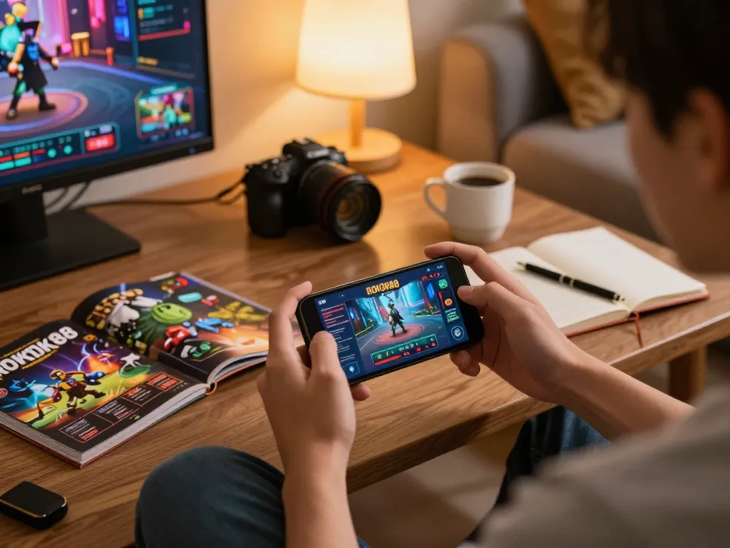 Terlibat dalam permainan mobile ROKOK88 dengan smartphone di ruang tamu yang nyaman.