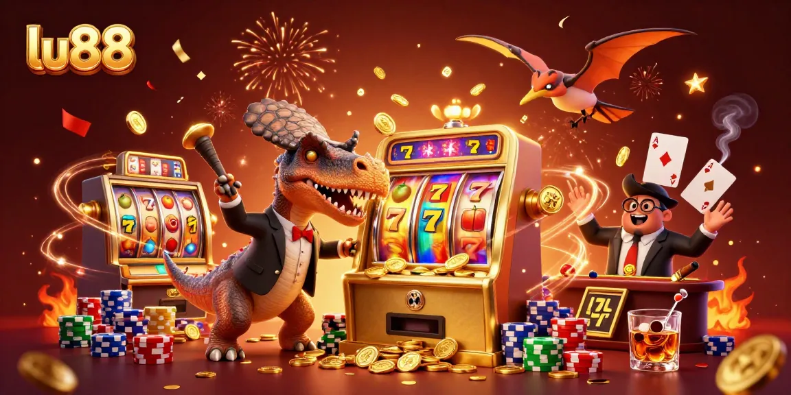 Experience the excitement at lu88 with a golden slot machine jackpot celebration in this vibrant casino scene.