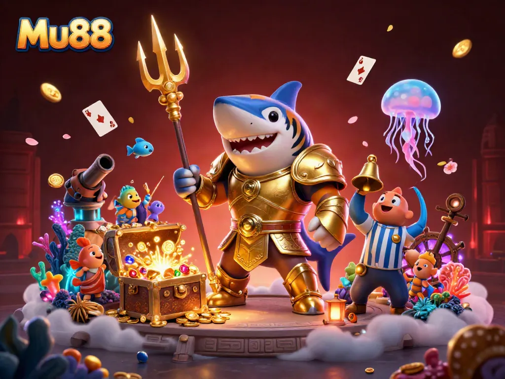 Experience Mu88's vibrant underwater casino with a thrilling tiger shark and treasures galore.