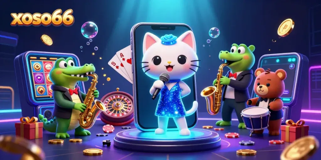 Experience the vibrant world of xoso66 with an energetic casino scene featuring cartoon characters and gold coins.