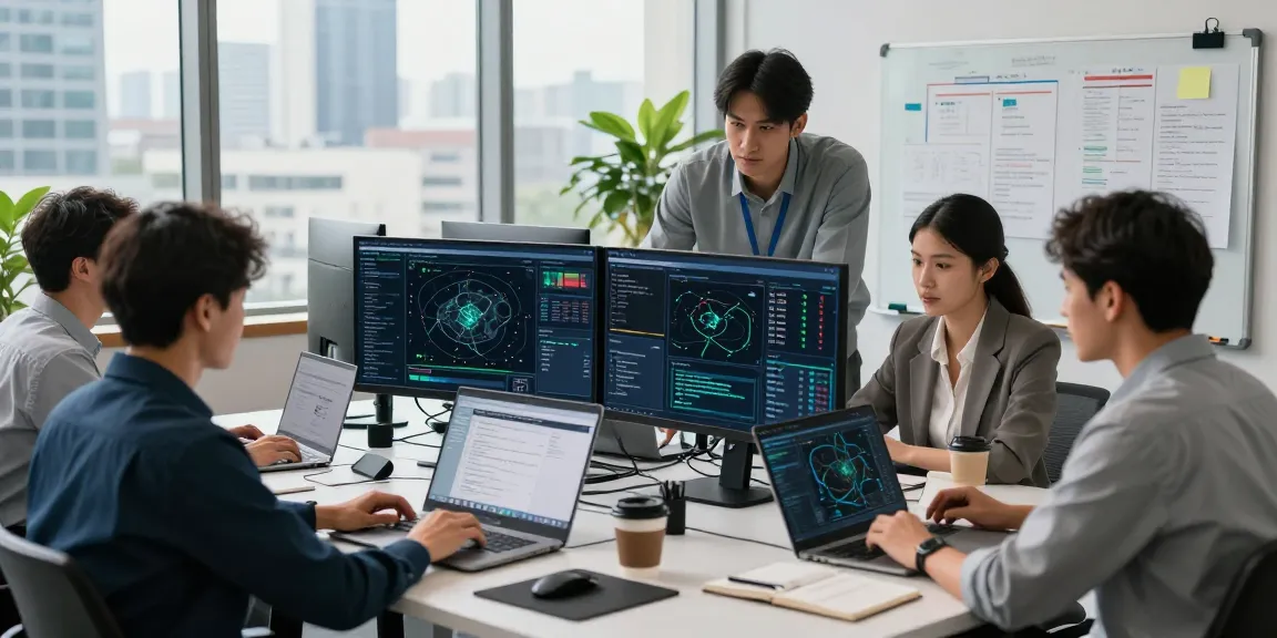 Proactive IT support for business team analyzing network performance and helpdesk metrics in a modern office.