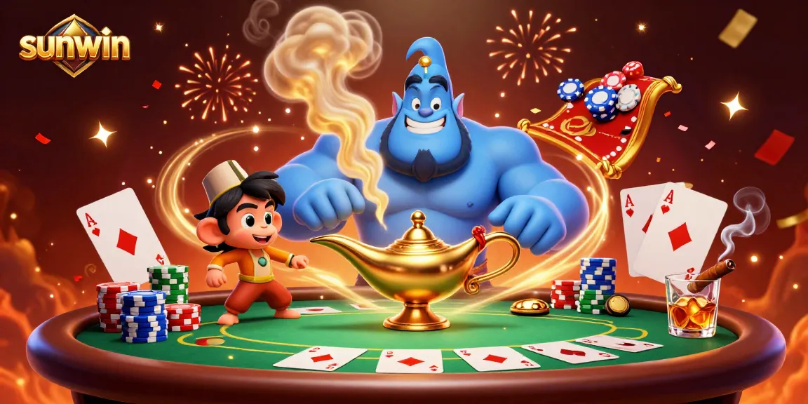 Experience thrilling adventures with sunwin's vibrant casino scene featuring a genie and poker elements.