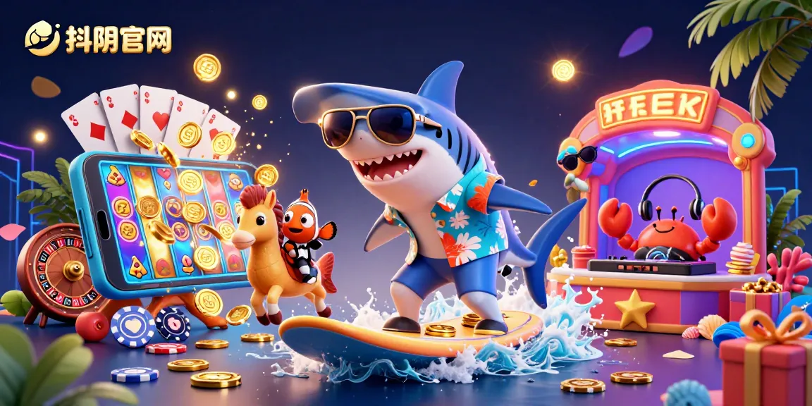 Experience the thrill of 抖阴官网 as a shark surfs gold coins amidst vibrant casino elements.