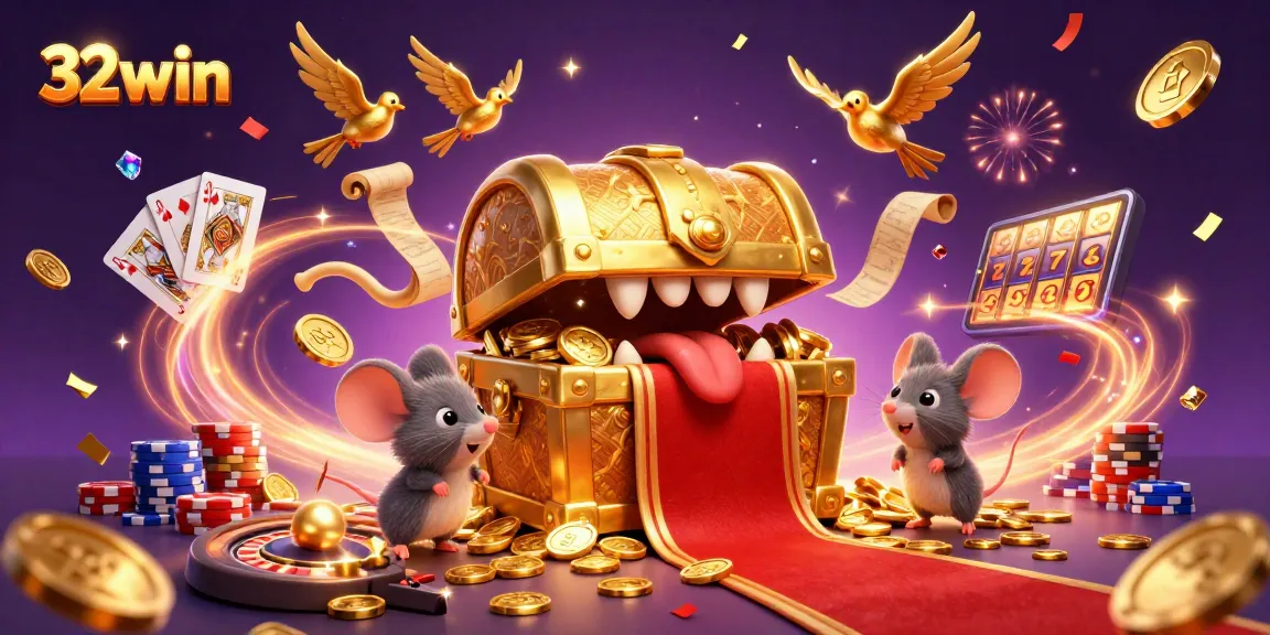 Bet big with 32win's exciting 3D casino scene filled with vibrant game elements and treasures.