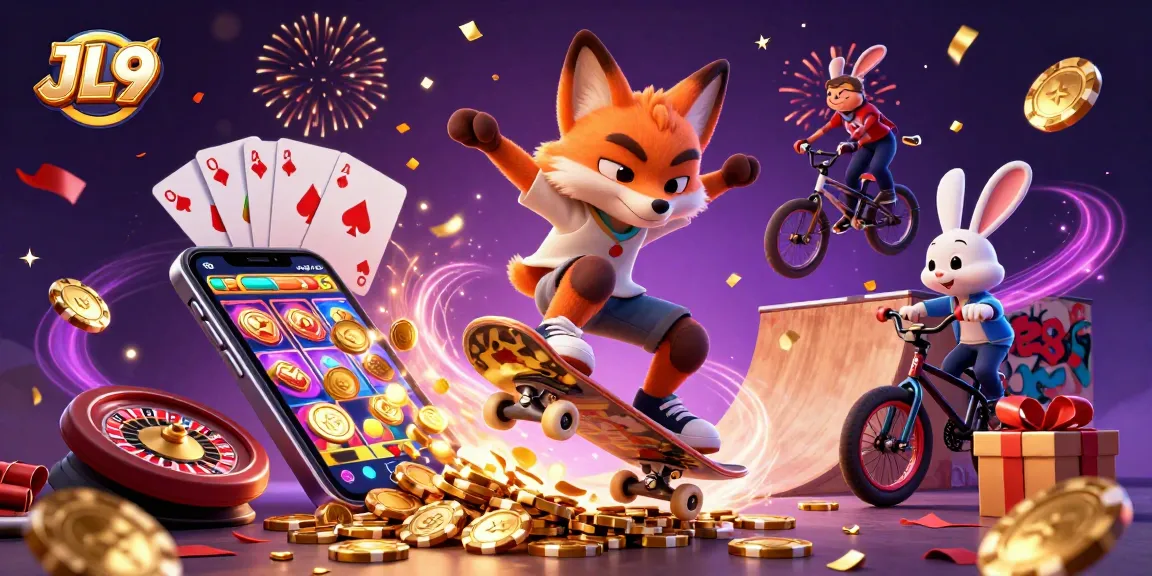 JL9 captivates players with an exciting scene showcasing a skateboarder fox and BMX-riding rabbit amidst vibrant casino elements.