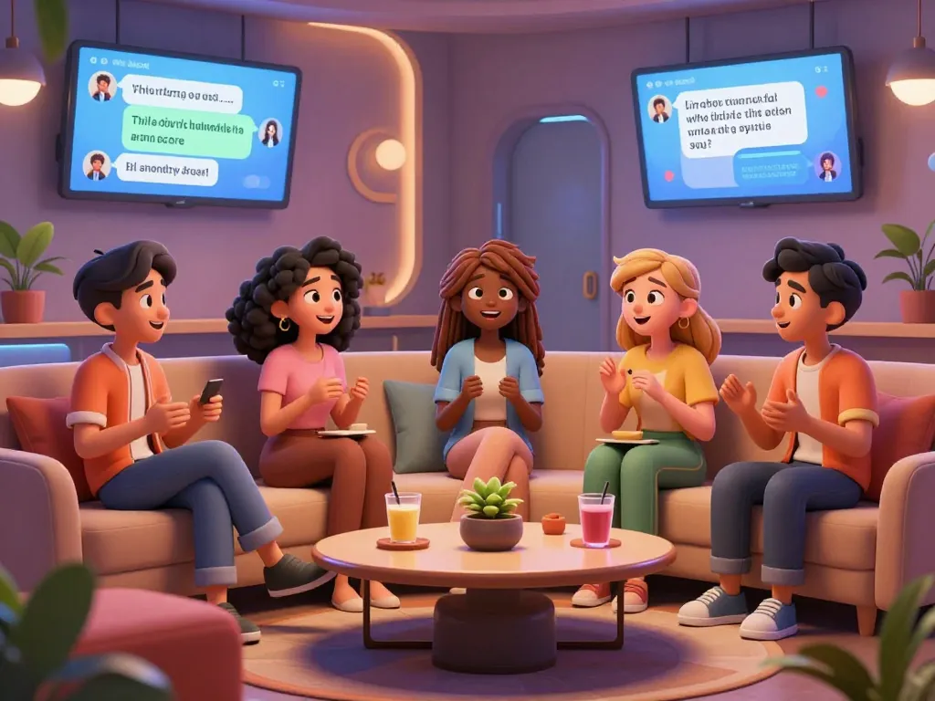 Engaging free ai sex chat scene with diverse AI avatars in a cozy virtual lounge.