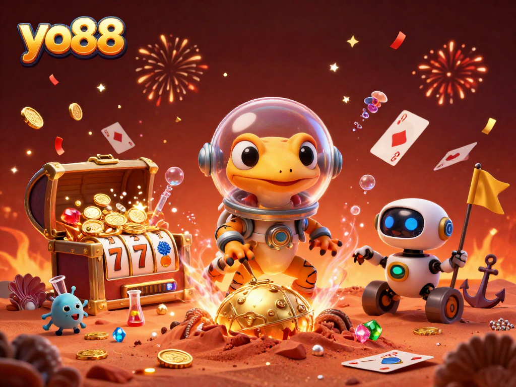 Join the fun at yo88 as a Martian gecko uncovers a hidden casino amidst dazzling treasures.