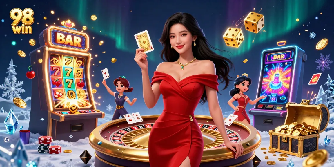 Experience excitement with 98 win at a golden roulette wheel surrounded by vibrant casino elements.