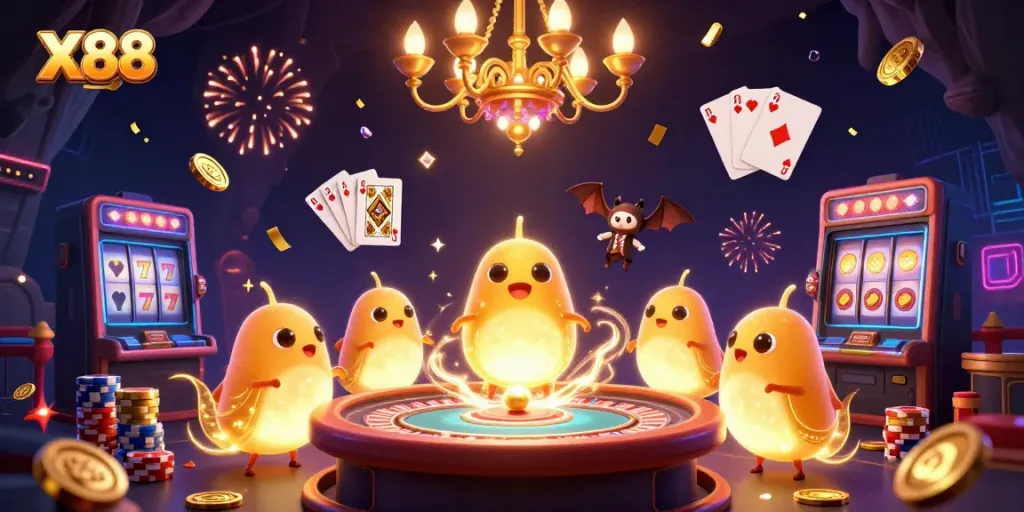 Experience the excitement of X88 with vibrant casino life portrayed by glowing characters and gaming elements.