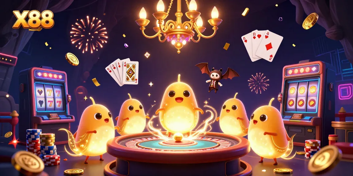Experience the excitement of X88 with vibrant casino life portrayed by glowing characters and gaming elements.
