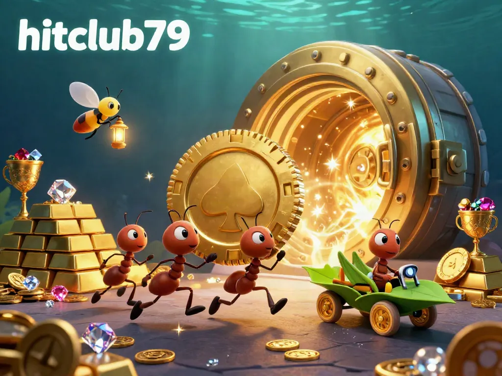 Hitclub79 showcases an adventure with ants carrying a giant poker chip amidst treasure and dazzling gems.