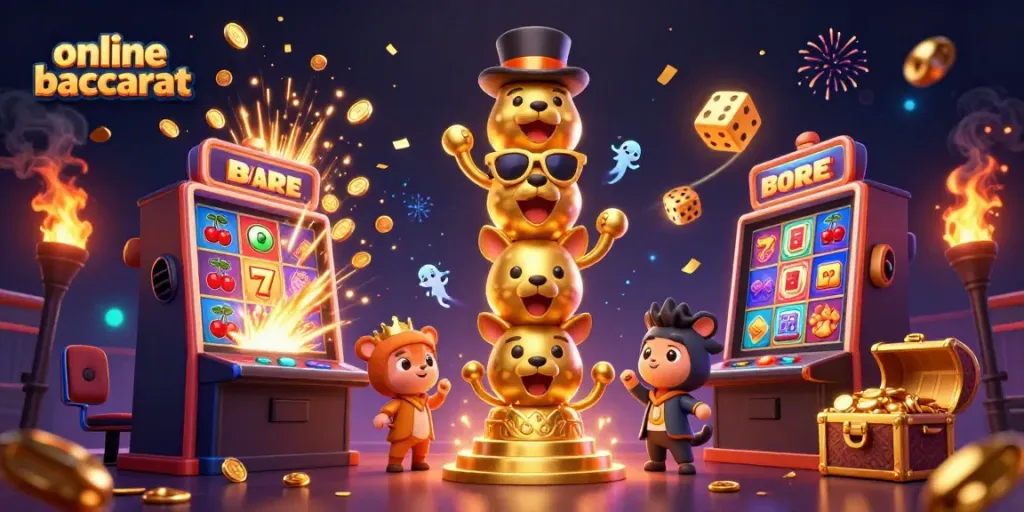 Experience the excitement of online baccarat with a vibrant 3D scene featuring animated casino elements and a golden totem.