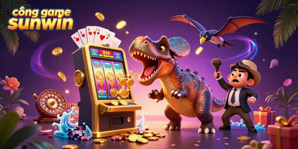 Cổng game sunwin features a cartoon dinosaur winning slots alongside a panicked casino manager, highlighting fun and excitement.