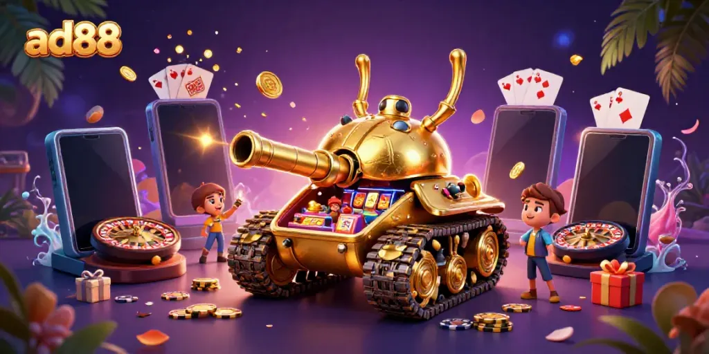 Experience the excitement of ad88 in a vibrant 3D casino scene with dynamic games and engaging elements.