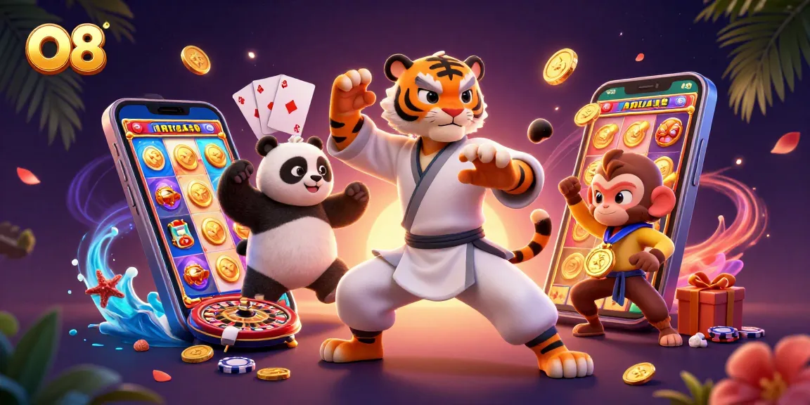 Experience thrilling gaming adventures with O8's dynamic casino scene featuring playful characters and vibrant elements.