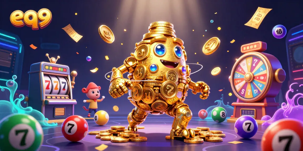 Spin the reels and explore exciting rewards at eq9, featuring a golden golem and colorful lottery elements.