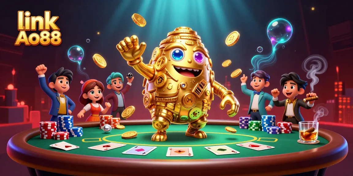 Experience excitement with link Ao88 featuring a golden golem amidst poker chips and casino elements.