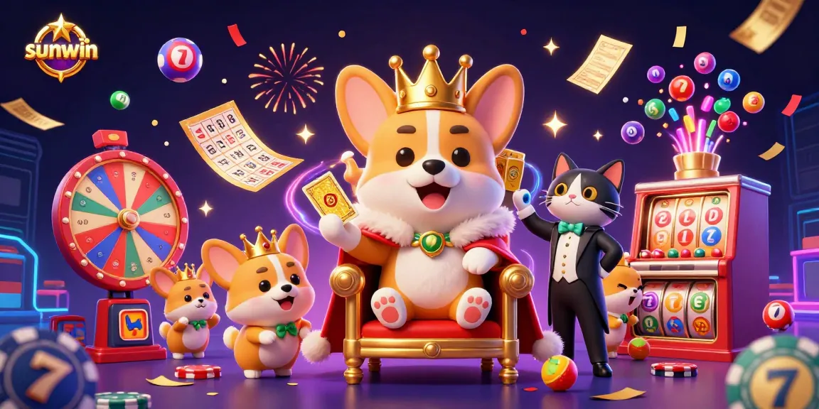 Experience the thrill of sunwin with a royal corgi on a throne, amidst lively casino elements!
