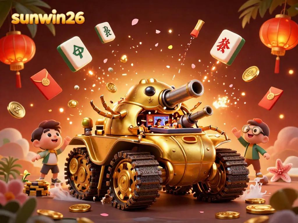 Experience the vibrant casino world of sunwin26 within a golden beetle tank in this festive illustration.