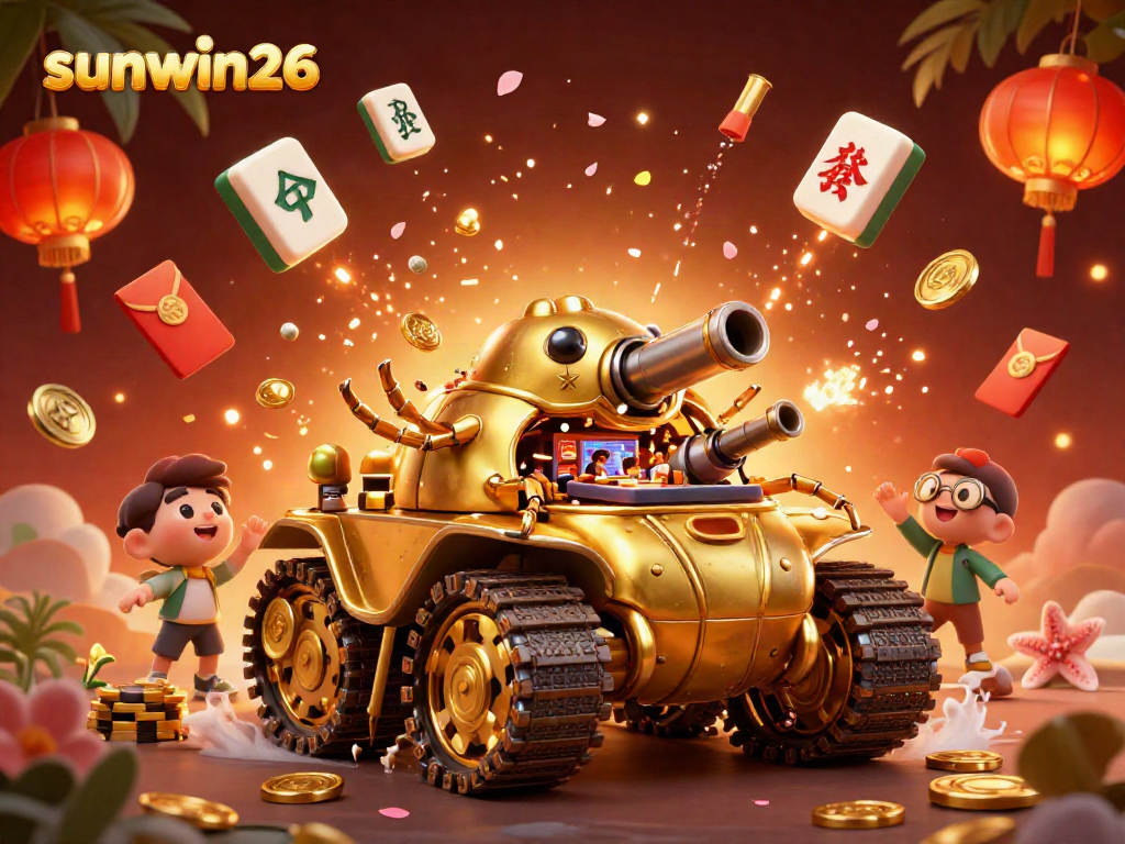 Experience the vibrant casino world of sunwin26 within a golden beetle tank in this festive illustration.