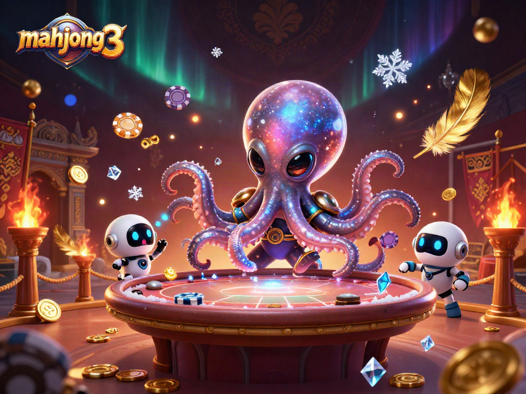 Elevate your gaming with mahjong 3 as the alien octopus maneuvers a holographic poker table surrounded by vibrant casino elements.