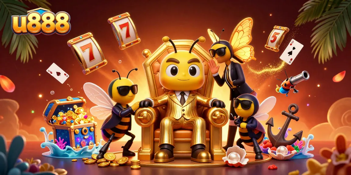 Spin to win big with u888 in a vibrant and dynamic casino scene featuring a bumblebee mob boss.